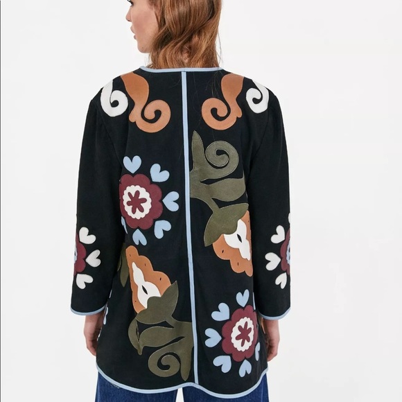 ZARA LEATHER COAT W/ MULTICOLOURED APPLIQUÉS BLACK - Picture 2 of 4